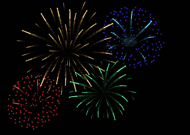 Beautiful fireworks with shining sparks at night sky. Vector illustration - Vector, Image