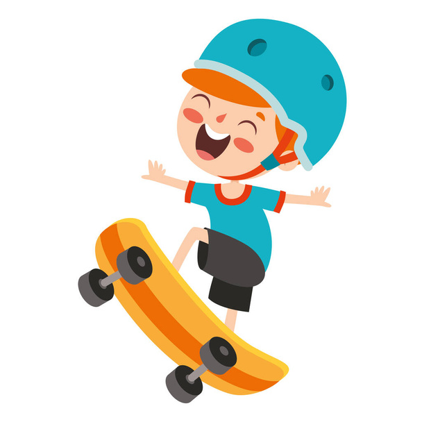 Cartoon Illustration Of A Kid Playing Skateboard - Vector, Image