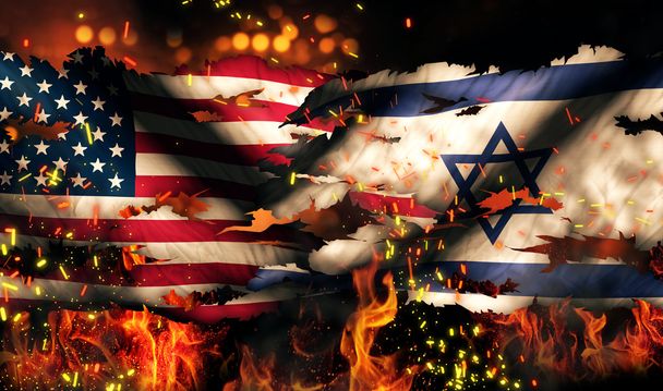 Estados Unidos Israel Bandera Nacional Guerra Fuego desgarrado Conflicto Internacional 3D
 - Foto, imagen