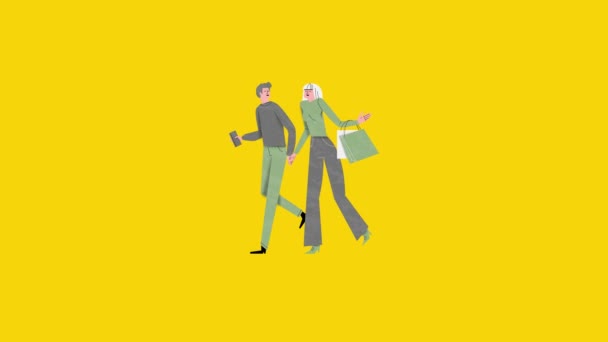 bright cartoon animation of a couple with shopping bags - Materiaali, video