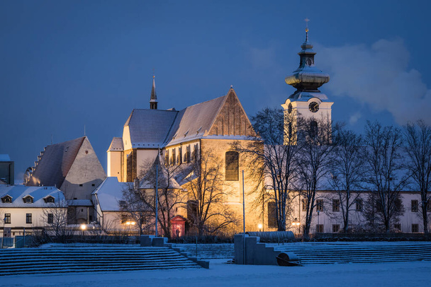 Winter evening view of historical architecture city Ceske Budejovice in the Czech Republic - Фото, изображение