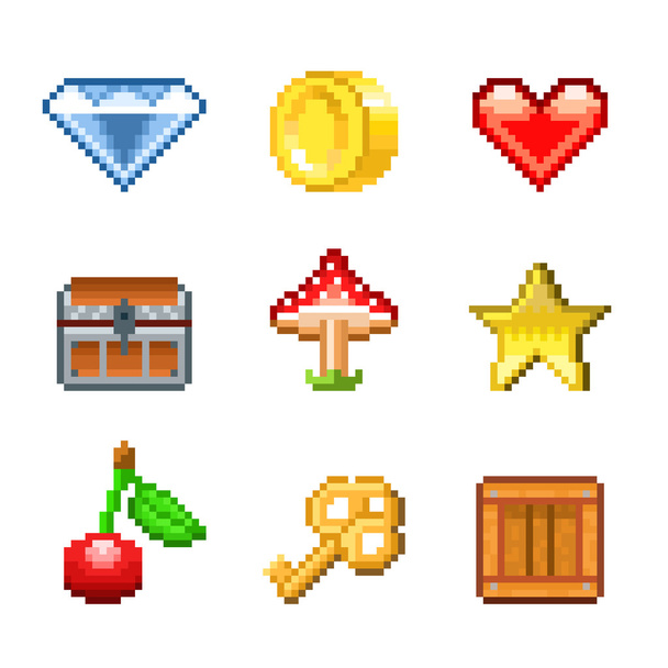 Pixel-Objekte für Spiele-Symbole Vektor-Set - Vektor, Bild
