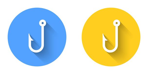 White Fishing hook icon isolated with long shadow background. Fishing tackle. Circle button. Vector. - Вектор, зображення