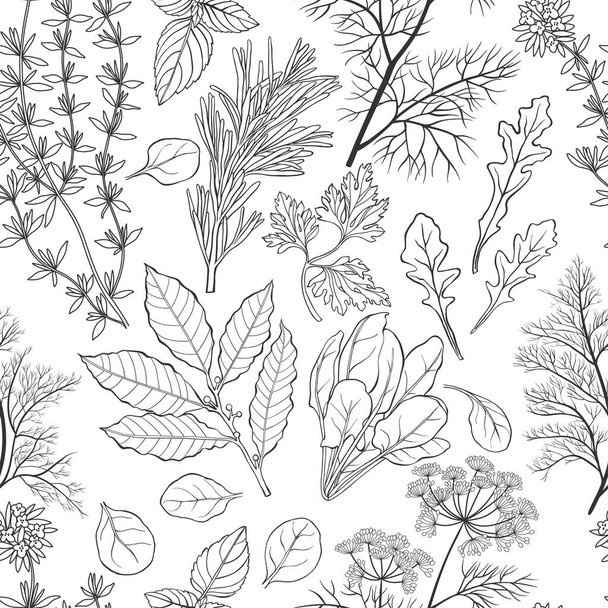 Fragrant herbs. Endless background. Vector. Black and white. - Vektor, Bild
