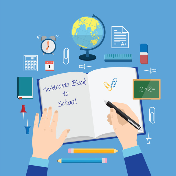 Back to School Flat Style Vector Icon Set on Blue Background Books Pencils Pen and Other Stationary - Vektör, Görsel