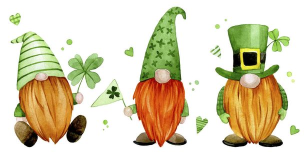 watercolor drawing. set for st patrick's day. cute gnomes, leprechauns in green clothes with a four-leaf clover. clipart characters. - Photo, Image
