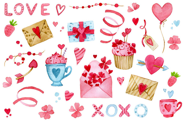 watercolor drawing. cute set of valentine's day elements. pink hearts, sweets, letters and decorations for valentine's day. - Φωτογραφία, εικόνα