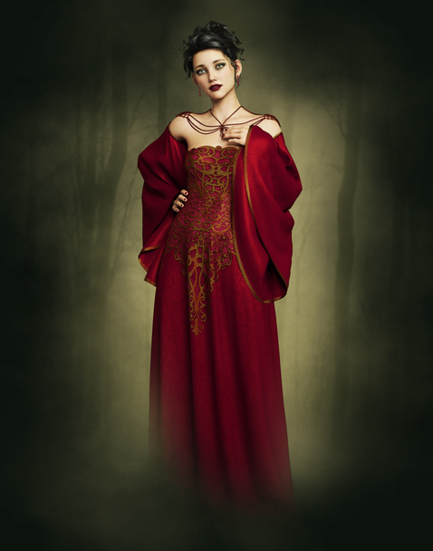 3D компьютерная графика женщины в красном вечернем платье и ювелирных украшениях - Фото, изображение