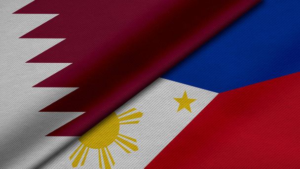 3D Αποτύπωση δύο σημαιών του Κράτους του Κατάρ και της Δημοκρατίας των Φιλιππίνων μαζί με υφασμάτινη υφή, διμερείς σχέσεις, ειρήνη και σύγκρουση μεταξύ των χωρών, μεγάλη για φόντο - Φωτογραφία, εικόνα