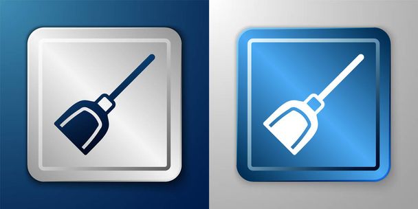 White Dustpan icon isolated on blue and grey background. Cleaning scoop services. Silver and blue square button. Vector - ベクター画像