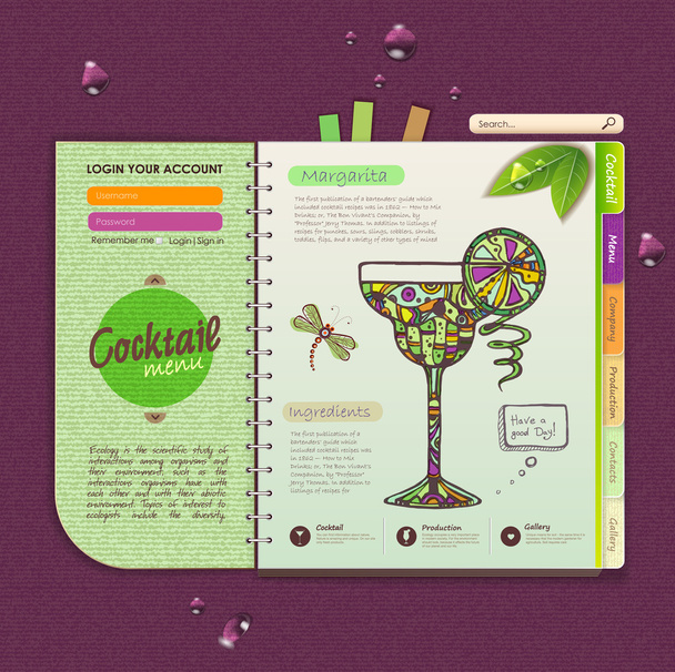 Web site design template. Decorative cocktail menu - Vektori, kuva