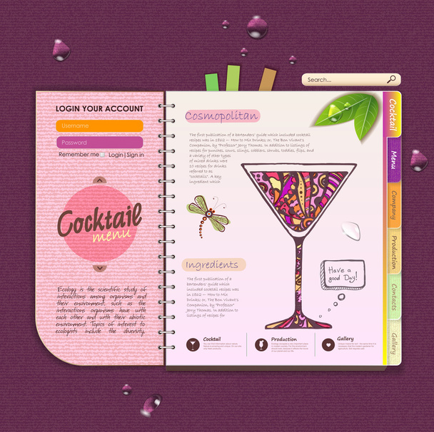Web site design template. Decorative cocktail menu - Вектор,изображение
