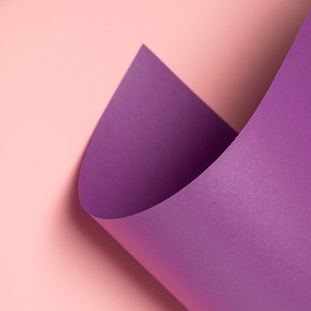 Feuille de papier ondulé violet pastel sur fond rose clair. Fond carré abstrait minimal - Photo, image