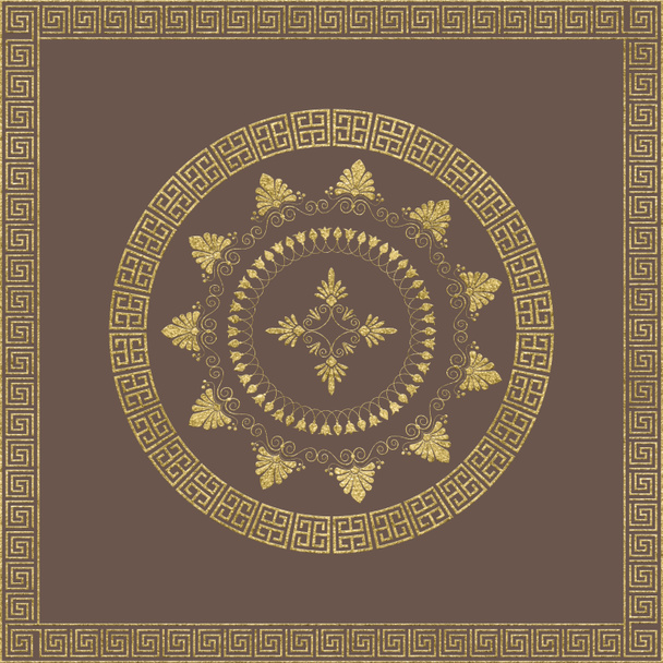 Goldenes griechisches Ornament auf hellbraunem Hintergrund. Für Bandanas, Teller, Keramik, Tapeten. Hochauflösende Gold-Metall-Textur. - Foto, Bild