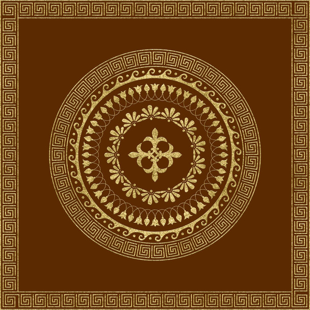 Goldenes griechisches Ornament auf einem Terratottahintergrund. Für Bandanas, Teller, Keramik, Tapeten. Hochauflösende Gold-Metall-Textur. - Foto, Bild