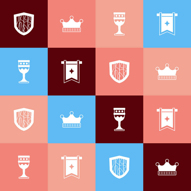 Set pop art Shield, King crown, Medieval goblet and flag icon. Vector - Vektör, Görsel