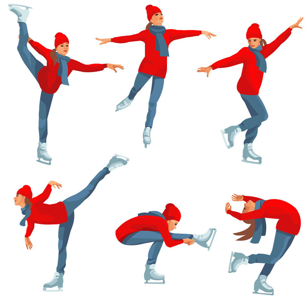 Six figures of a female figure skater in a winter jacket in various poses on the rink - Vector, imagen