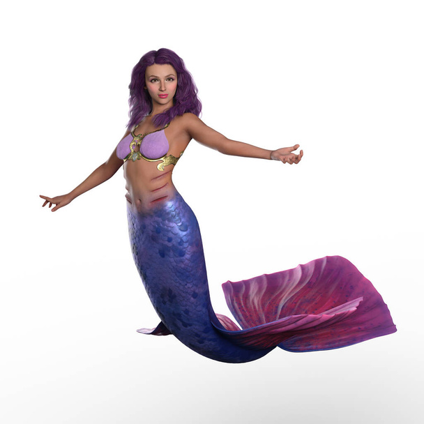 Gorgeous sexy fantasy mermaid girl with purple hair. 3D illustration isolated on a white background. - Foto, Bild