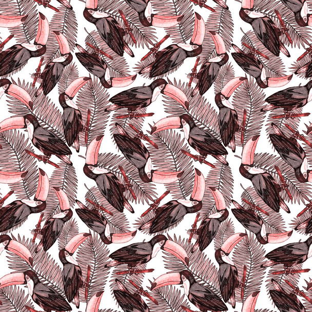 Υδατογραφία αδιάλειπτη μοτίβο με τουκάν. Εξωτική βοτανική ζούγκλα ταπετσαρία με τροπικό πουλί και φύλλα. Φωτεινό φόντο καλοκαιρινό μοτίβο. - Φωτογραφία, εικόνα