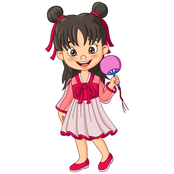 Векторное изображение китайской девушки в традиционной одежде с веером - Вектор,изображение