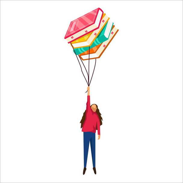 a woman flying with books, illustration isolated. flat design on white background - ベクター画像