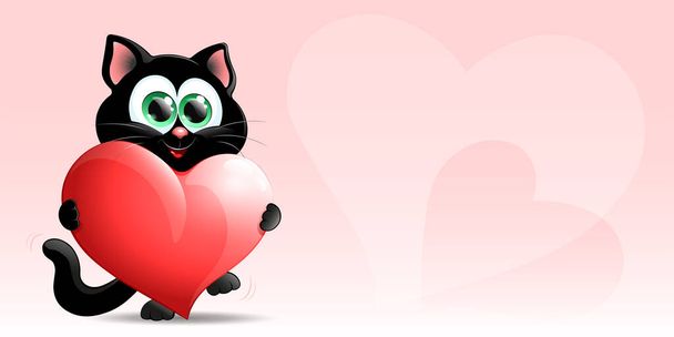 Gato preto engraçado anda com grande coração vermelho em suas patas. Cartão de Dia dos Namorados. - Vetor, Imagem