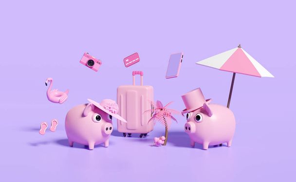 rózsaszín malacka bank kókuszdió, bőrönd, kamera, felfújható flamingó, hitelkártya, szandál, kalap, érme elszigetelt lila háttér. pénzt takarít meg a nyári utazás nyaralás koncepció, 3D-s illusztráció, 3D render - Fotó, kép