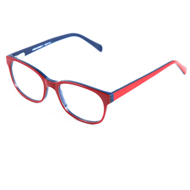 Red glasses frames on white background. Sun goggles and glasses for vision in red frames. - Photo, Image