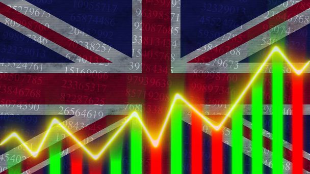 イギリス国旗、財務チャート、財務グラフ、株式市場、証券取引所グラフ、株式指数、経済成長、 3Dイラスト - 写真・画像