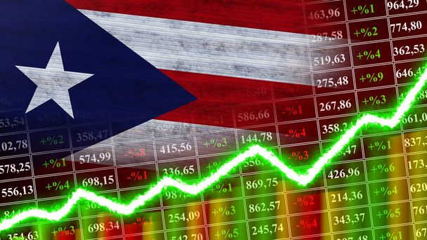 Flaga Portoryko, wykres finansowy, wykres finansowy, giełda, wykres giełdowy, indeksy giełdowe, kurczenie się gospodarki, ilustracja 3D - Zdjęcie, obraz