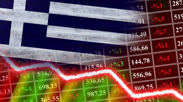 ギリシャ国旗、財務グラフ、財務チャート、株式市場、証券取引所グラフ、株式指数、経済危機、 3Dイラスト - 写真・画像