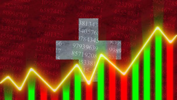 スイスの国旗、財務チャート、財務グラフ、株式市場、証券取引所グラフ、株式指数、経済成長、 3Dイラスト - 写真・画像