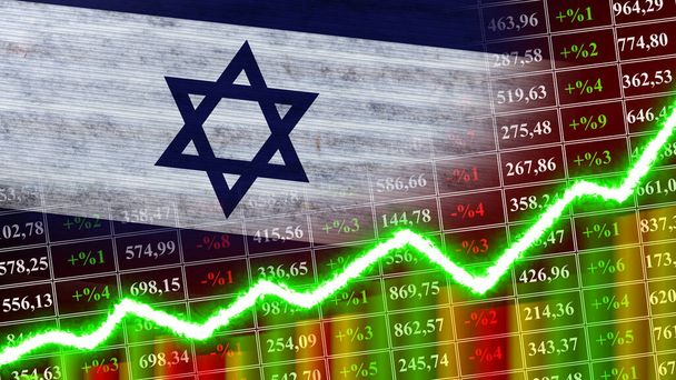 Israël vlag, financieel diagram, financiële grafiek, beurs, beursgrafiek, aandelenindexen, economische groeikrimp, 3D-illustratie - Foto, afbeelding
