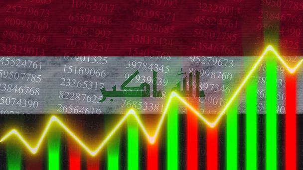 イラク国旗,財務チャート,財務グラフ,株式市場,証券取引所グラフ,株式指数,経済成長, 3Dイラスト - 写真・画像