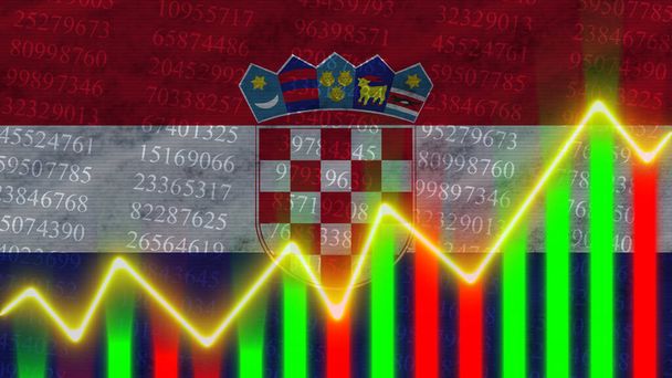 クロアチア国旗、財務チャート、財務グラフ、株式市場、証券取引所グラフ、株式指数、経済成長、 3Dイラスト - 写真・画像