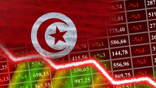 チュニジア国旗、財務グラフ、財務チャート、株式市場、証券取引所グラフ、株式指数、経済危機、 3Dイラスト - 写真・画像
