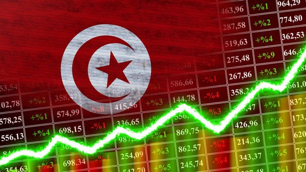Bandera de Túnez, Gráfico financiero, Gráfico financiero, Mercado de valores, Gráfico bursátil, Índices bursátiles, Contracción del crecimiento económico, Ilustración 3D - Foto, imagen