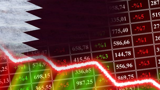 Katarská vlajka, finanční graf, finanční graf, burzovní trh, burzovní graf, akciové indexy, ekonomická krize, 3D ilustrace - Fotografie, Obrázek