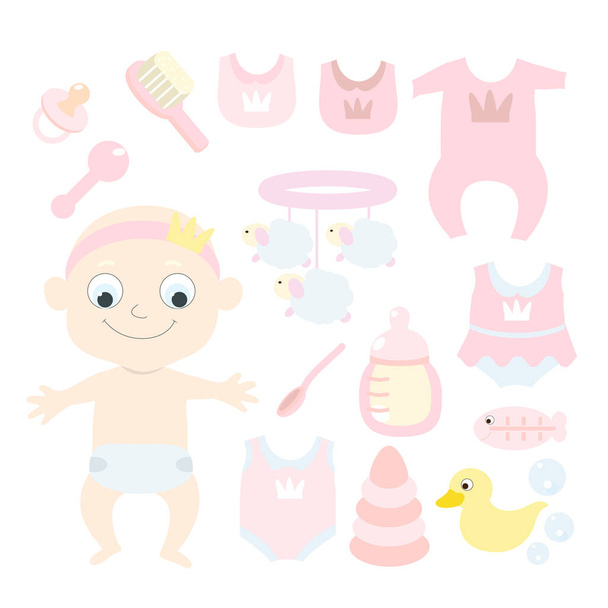 Set for the  albino newborn or the first year of life and children's subjects: mobile, a comb, a feeding bottle, a pacifier, a duck, a body, a bib. Vector illustration of a girl in pastel soft pink tones. - Vector, Image