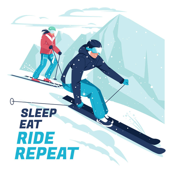 Un póster con esquiadores y un paisaje invernal de montaña. Deportes extremos. Estilo de vida activo. Ilustración vectorial plana. - Vector, imagen