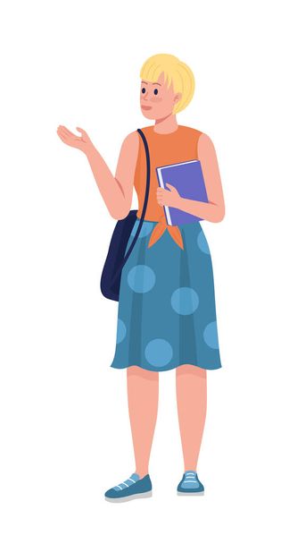 Female student in summer outfit semi flat color vector character. Standing figure. Full body person on white. Young girl isolated modern cartoon style illustration for graphic design and animation - ベクター画像