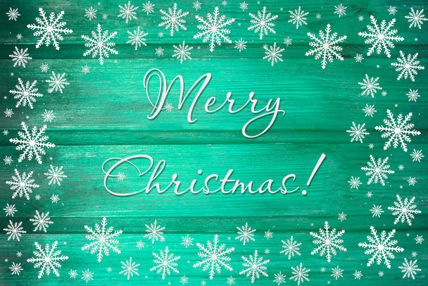 Winter wooden green mint turquoise nature background with snowflakes two sides. Texture of painted wood horizontal boards. Merry Christmas card. Can be used for websites, brochures, posters, printing and design. This is a wonderful card for congrats. - Photo, Image