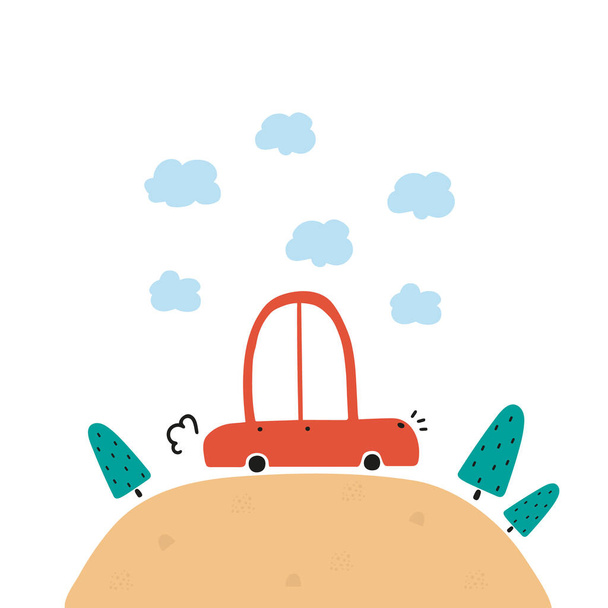 Kids poster with cute car in cartoon style. Vector illustration - Vektör, Görsel