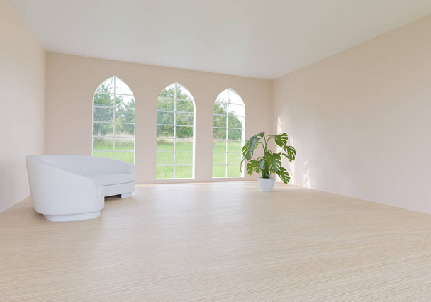 Φωτεινό δωμάτιο με μοντέρνο μινιμαλιστικό σχεδιασμό. Τρία μεγάλα παράθυρα με καμάρα με θέα το καλοκαιρινό τοπίο. 3D εικονογράφηση - Φωτογραφία, εικόνα