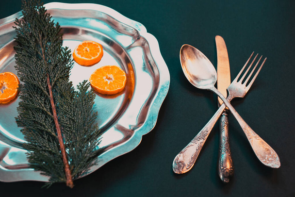 flat lay of festive Christas table arrangement with silverware - Photo, Image