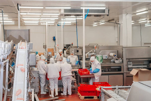 Automatizált gyártósor a modern élelmiszergyárban a hús csomagolásával és darabolásával.Húsipari berendezések. Élelmiszer-ipari termékek húsipari csirke filé gyártósor műanyag csomagolásban a szállítószalagon. - Fotó, kép