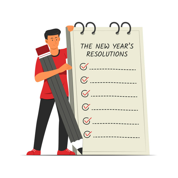 Man Hold a New Year Resolutions List. - Vetor, Imagem