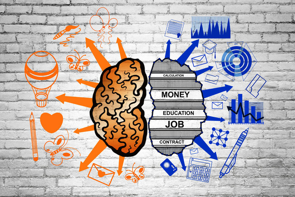 Creative brain sketch with creative and analytical side on brick wall background. Science, mind and creativity concept. 3D Rendering - Photo, Image