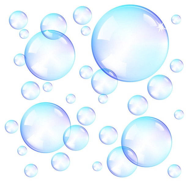 Blue soap bubbles on a white background, vector illustration of a transparent bubbles - Вектор,изображение