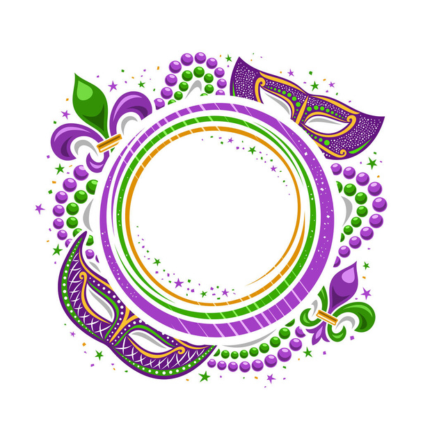 Vector Mardi Gras Frame with copy space for text, round template with illustration of purple mardi gras symbols and decorative colorful stars, poster for mardigras show event with white background - Vektor, kép